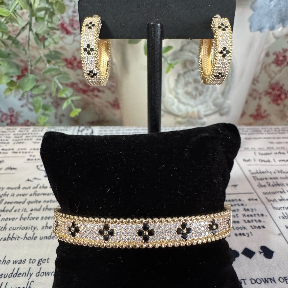 Stainless Steel Gold-Tone Black Flower Crystal Bracelet & Hoop Earring Set